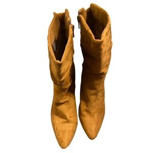 Tan Suede Slouchy Ankle Boots Side Zip Block Heel Boho Booties